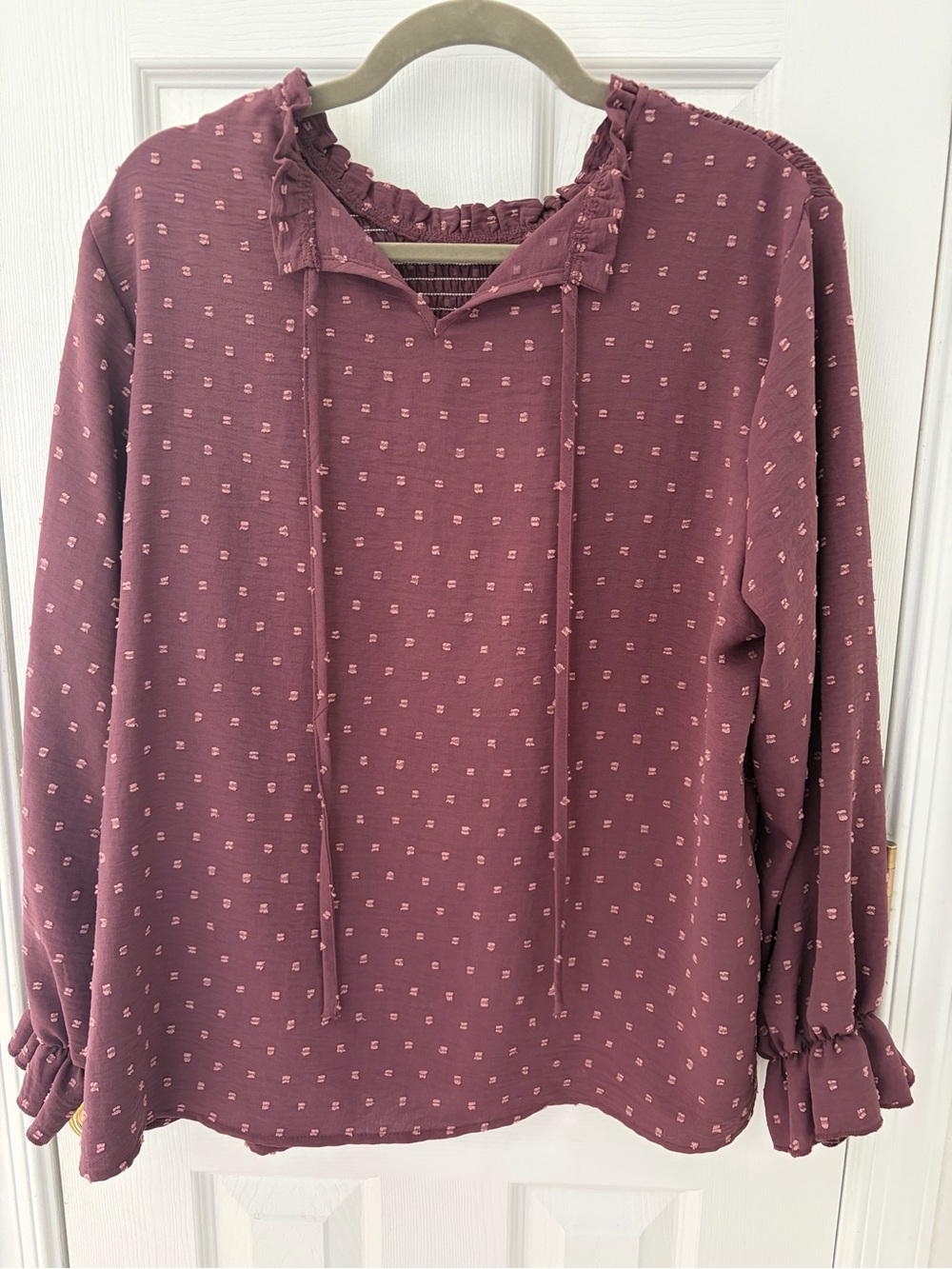 SHEIN Dusty Mauve Textured Dot Ruffle Tie-Neck Modest Blouse